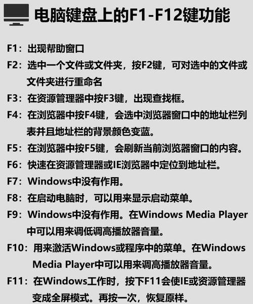 键盘上的F1到F12功能详解（了解键盘上F1到F12按键的各种功能与用途）